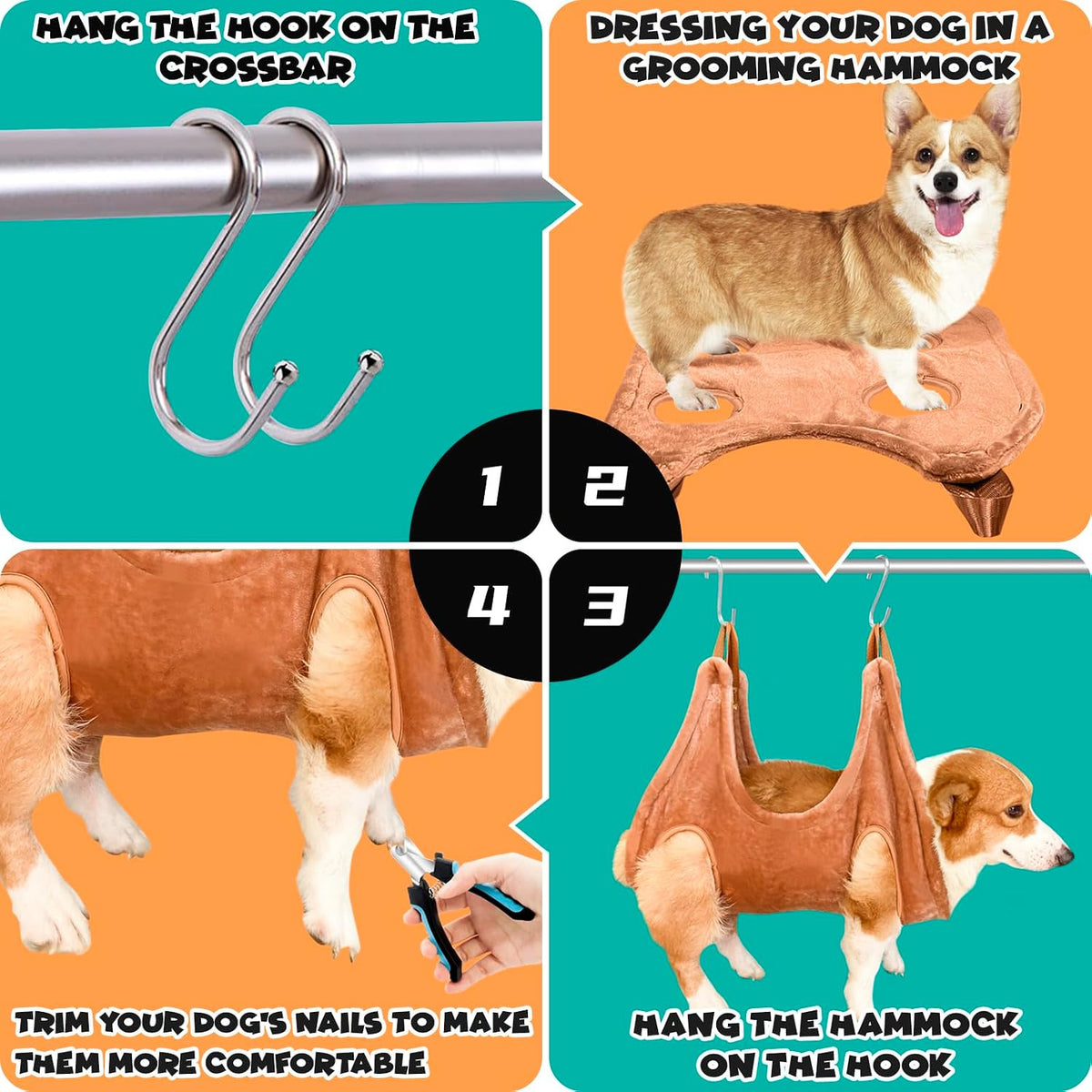 How to use the pet grooming hammock on a stable support for supervised nail trimming