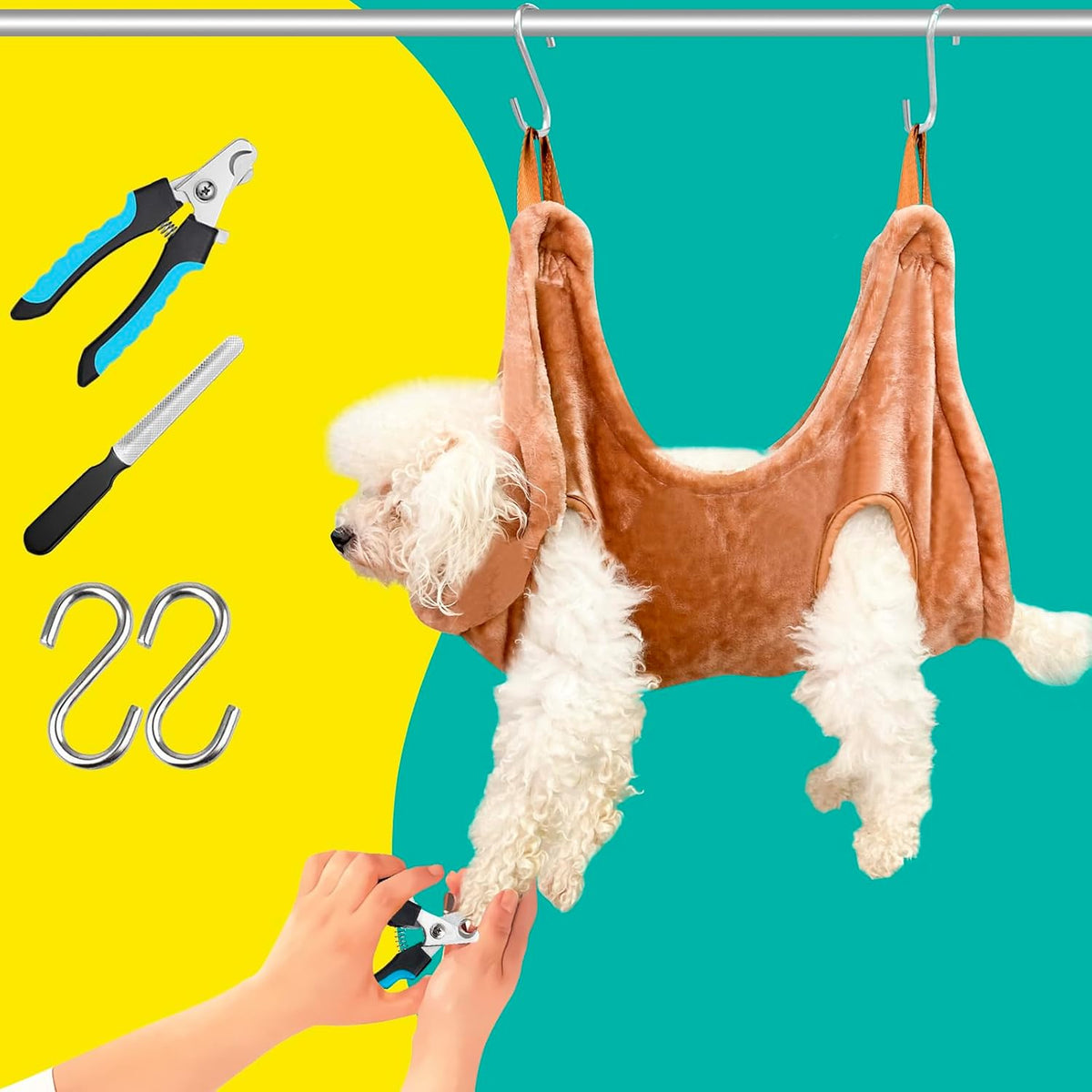 Pet grooming hammock kit with nail clippers, nail file, and two metal S-hooks