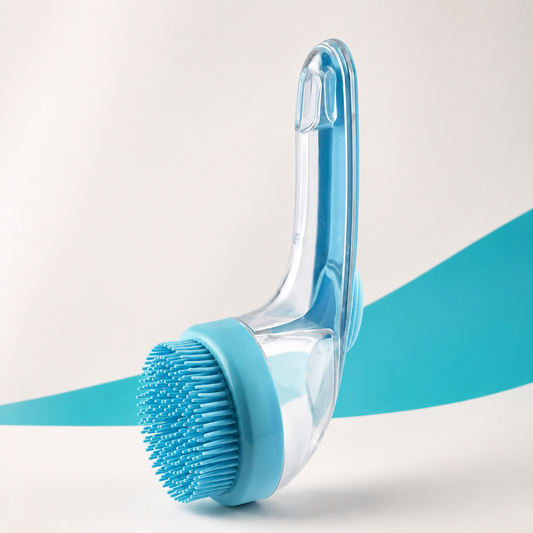 Blue 2-in-1 pet bath brush with transparent shampoo dispenser and soft silicone bristles
