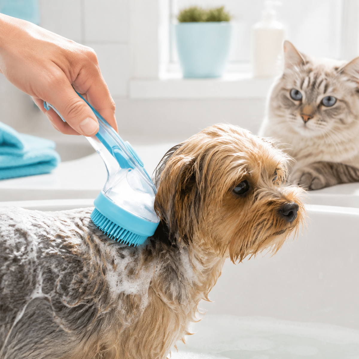 Blue 2-in-1 pet bath brush with shampoo dispenser being used on a dog, with a cat nearby