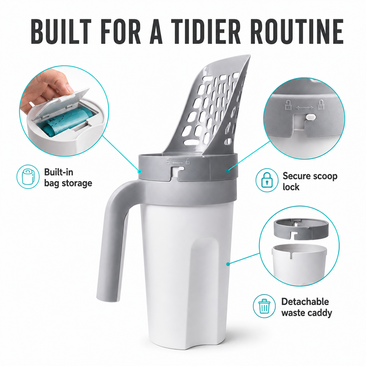 Cat litter scoop feature overview: bag storage, scoop lock, and detachable waste caddy