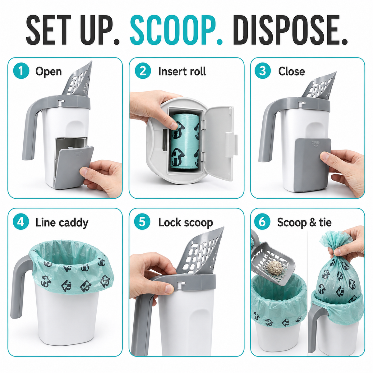 Six-step guide for setting up and using the cat litter scoop waste caddy