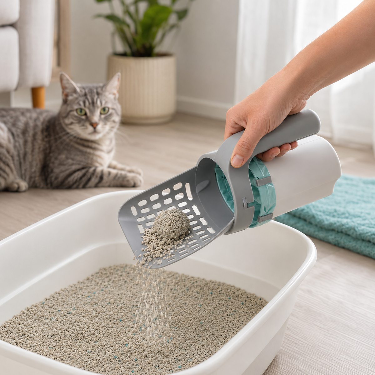 Cat litter scoop with attached waste caddy being used beside a litter box