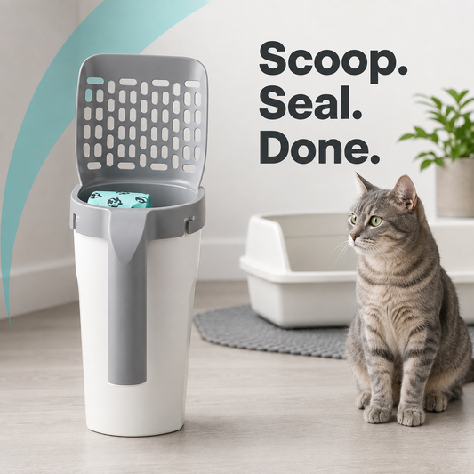 Cat litter scoop and attached waste caddy in a modern home