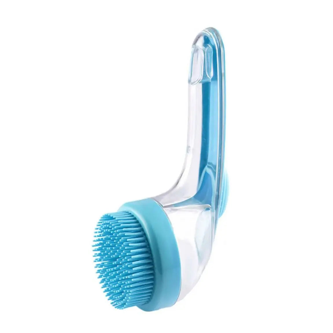 Blue 2-in-1 pet bath brush with shampoo dispenser