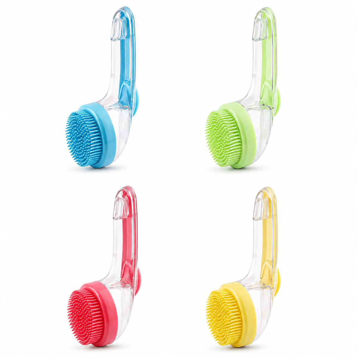 2-in-1 pet bath brush with shampoo dispenser shown in Blue, Green, Rose Red, and Yellow