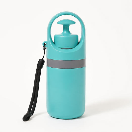 Portable dog poop scooper with built-in bag dispenser, closed product view