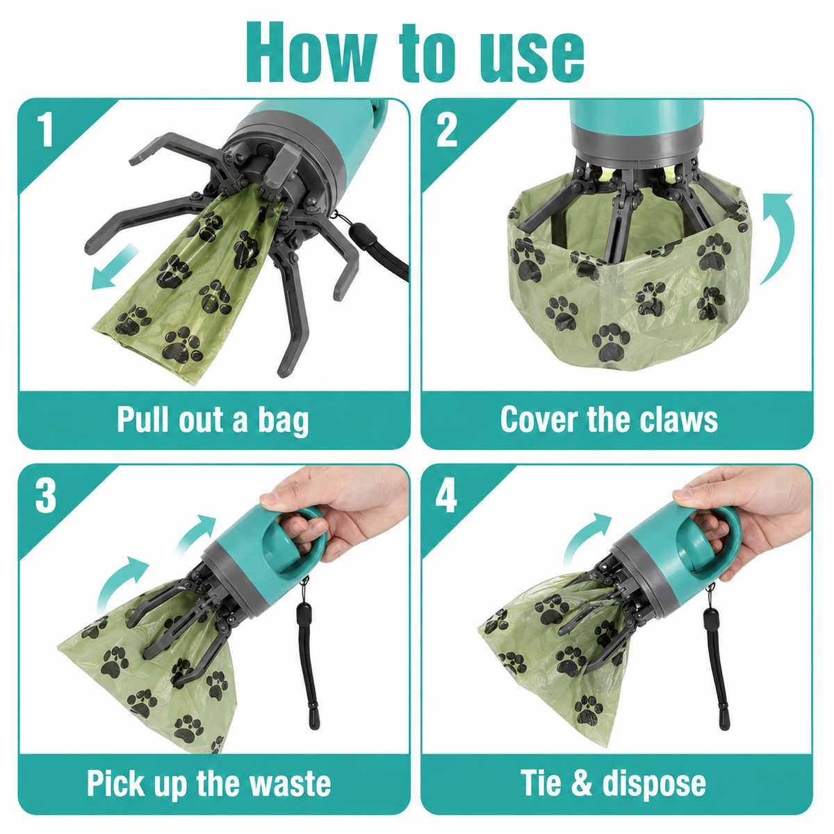 Four-step guide showing how to use the portable dog poop scooper with a bag-covered claw mechanism